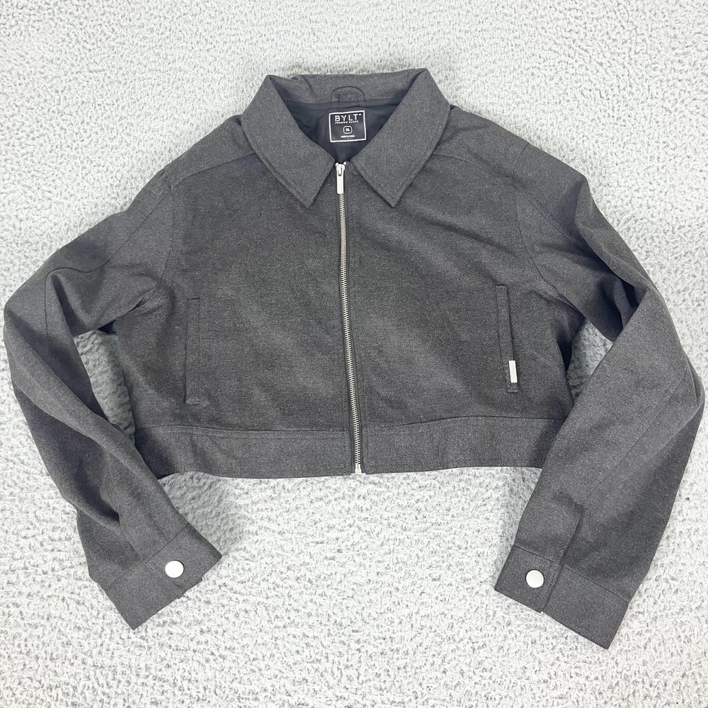 BYLT Costal Trucker Jacket Womens XL Charcoal Gray Cropped Bomber Full Zip